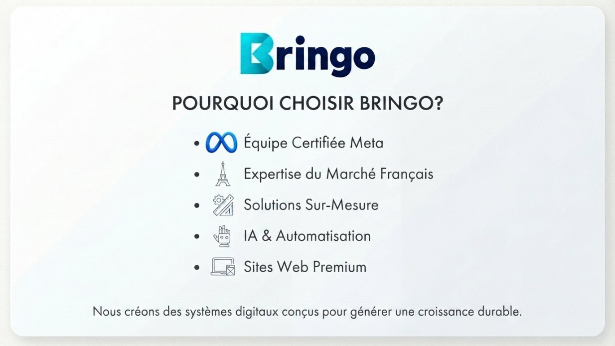 Pourquoi choisir Bringo : équipe certifiée Meta, expertise marché français, solutions sur-mesure, IA & automatisation, sites web premium